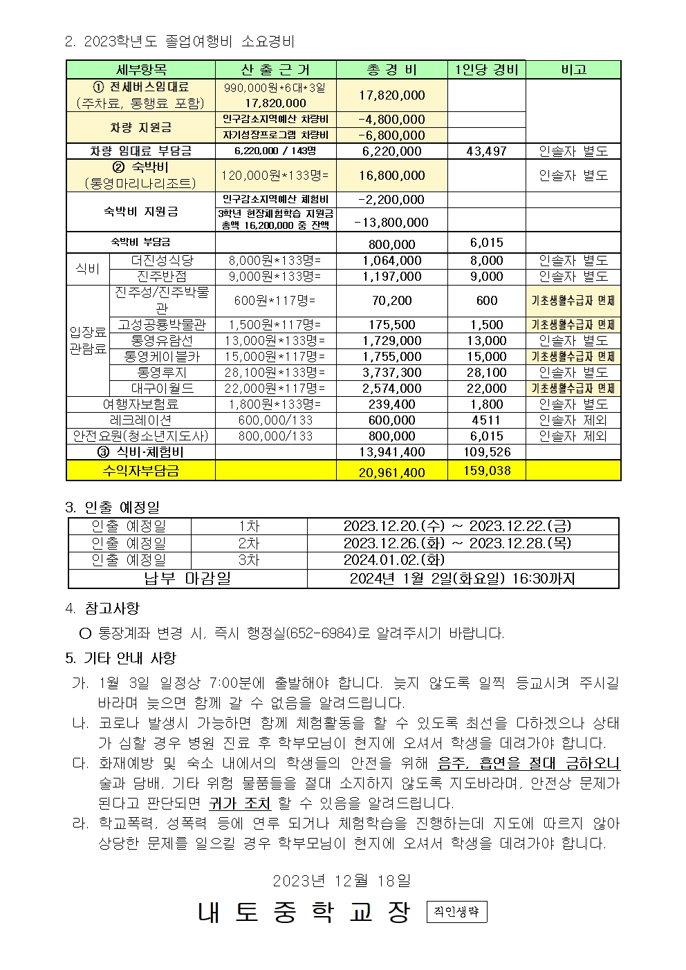 2023학년도 현장체험학습(졸업여행)비 납부 안내002