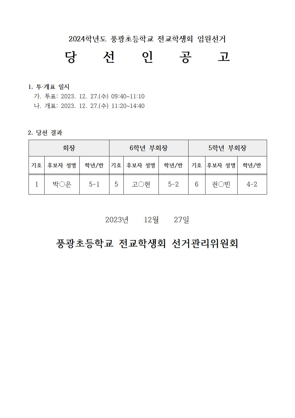 2024. 전교학생회 임원 선거 당선 공고