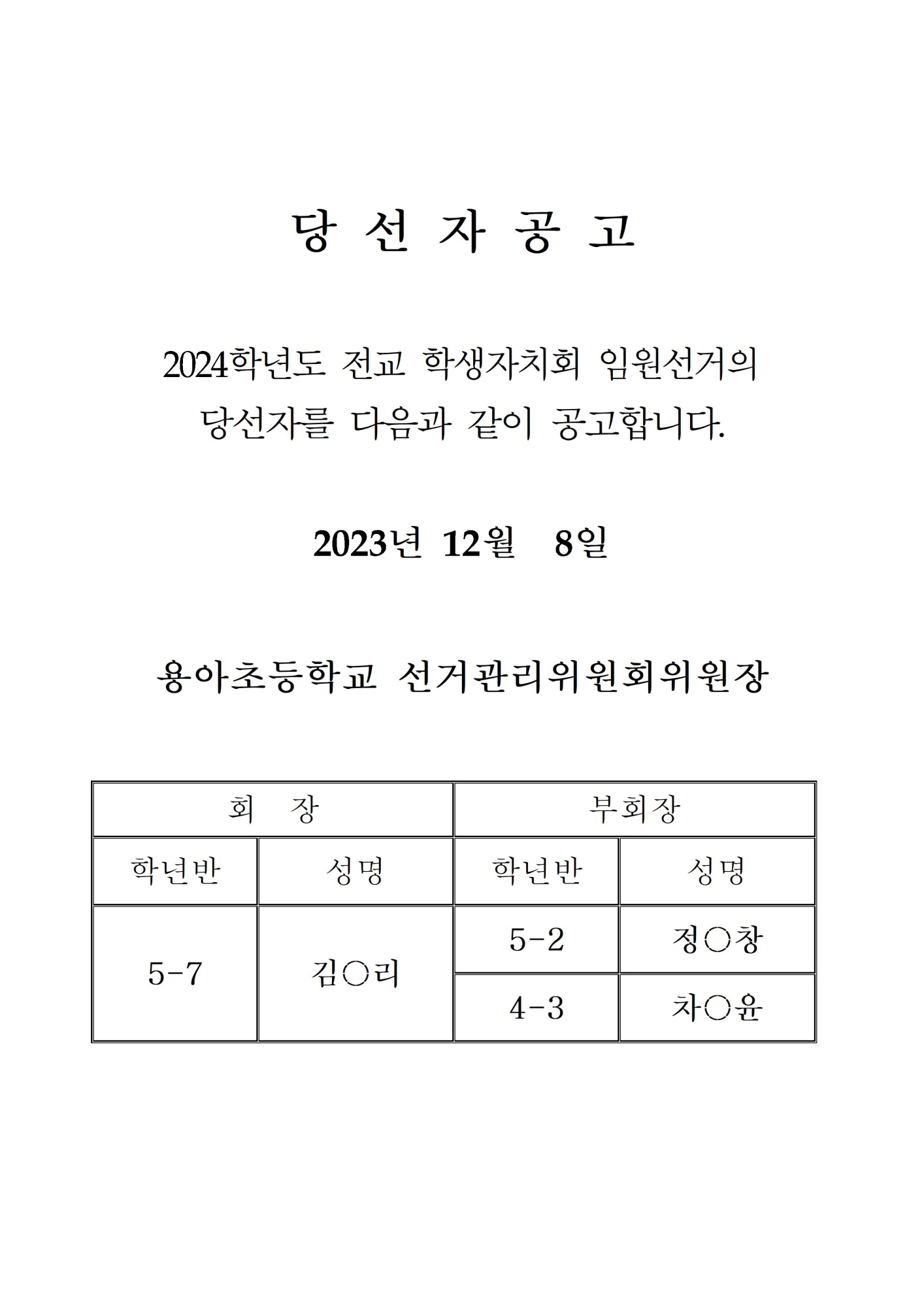 2024학년도 전교 임원선거 당선자 공고(홈페이지)001