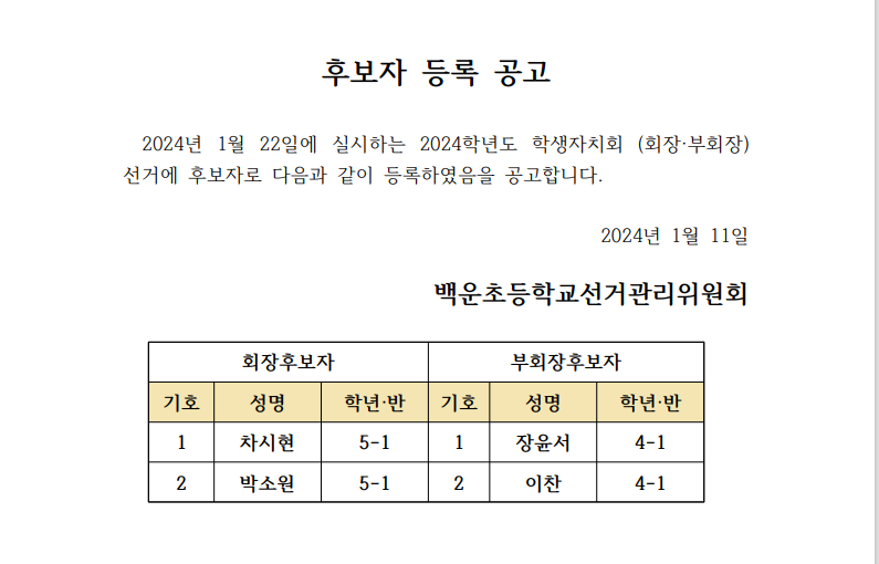 2024학년도 전교 학생자치회 후보자 등록 공고