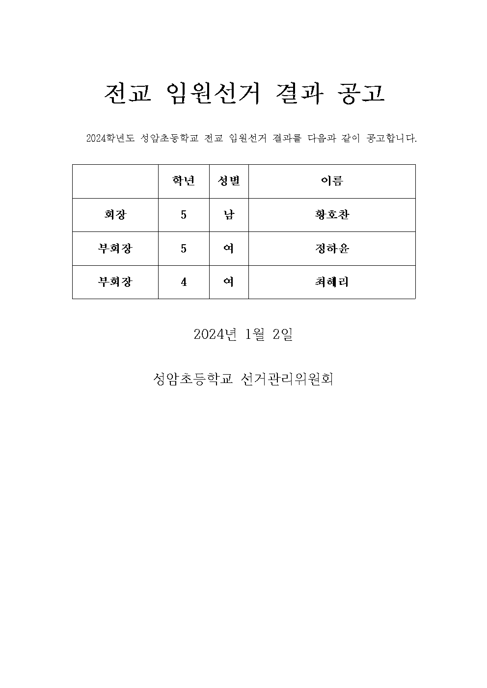 2024학년도 전교 임원선거 결과 공고001