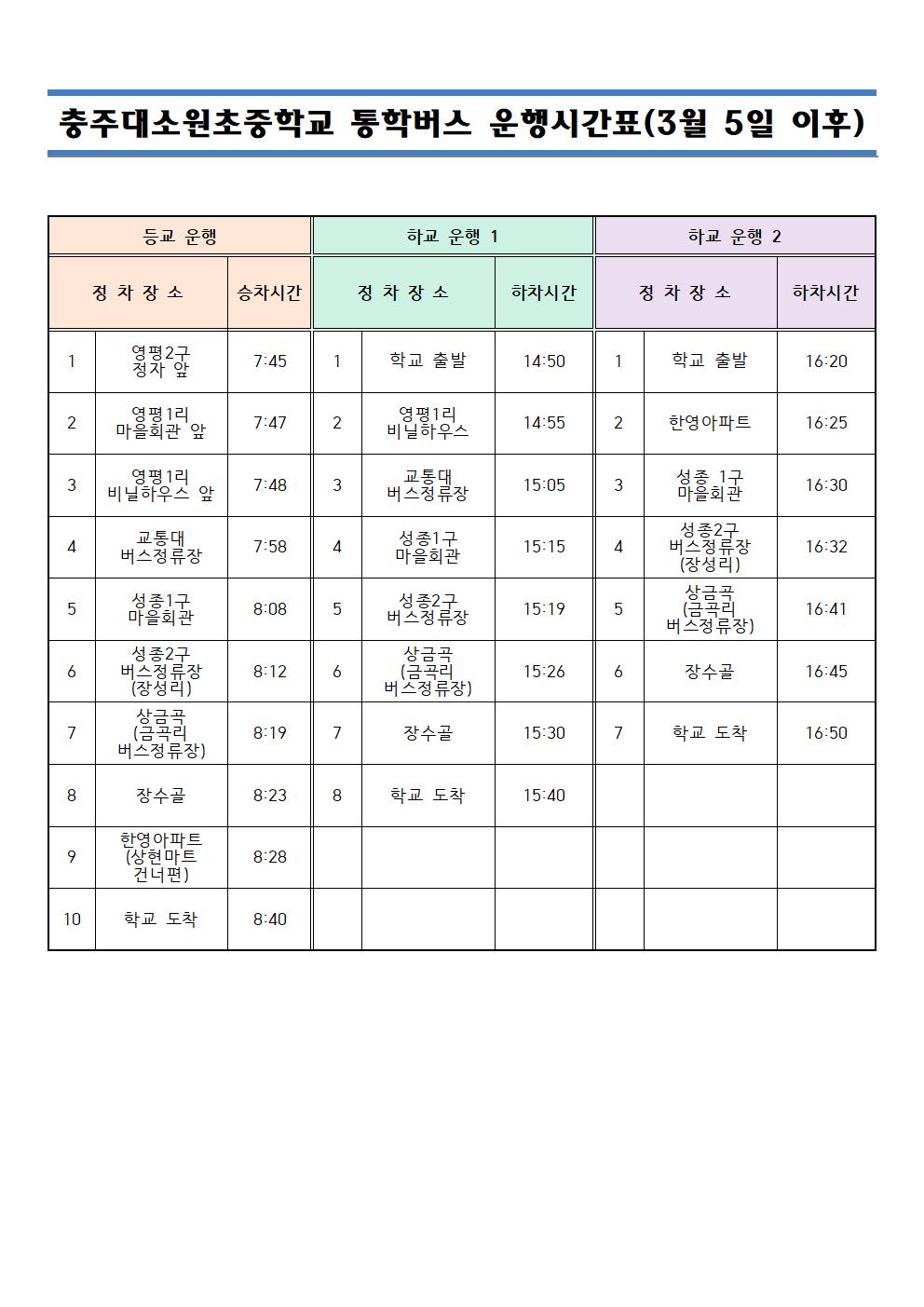 2024. 충주대소원초중학교 통학버스 운행시간표 및 등교 운행 노선001