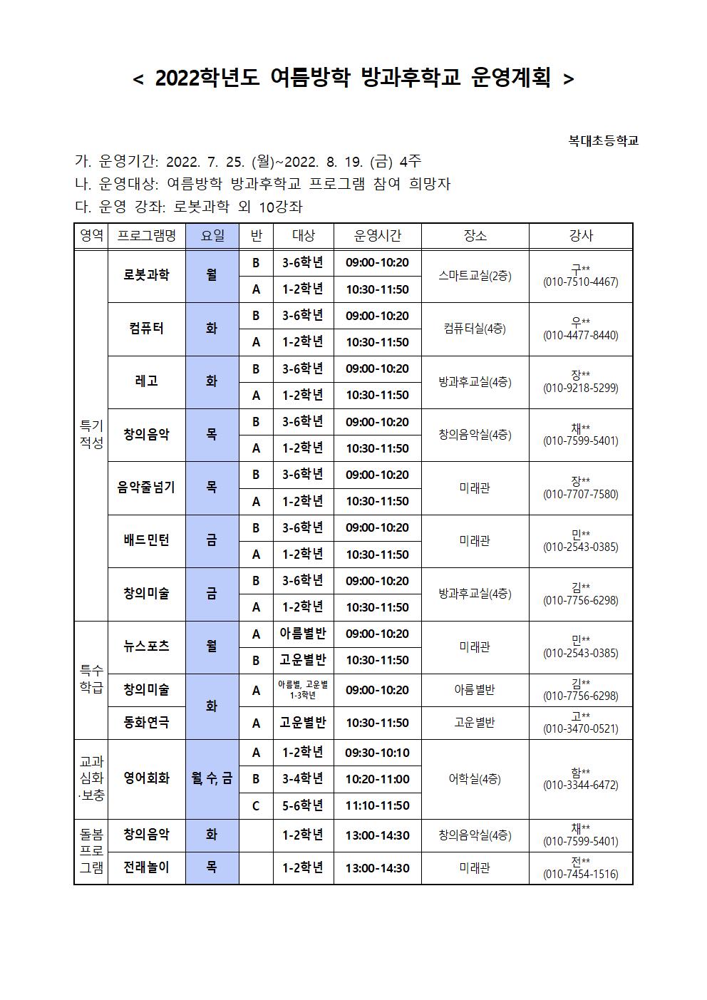 2022학년도 여름방학 방과후학교 시간표(게시용)1