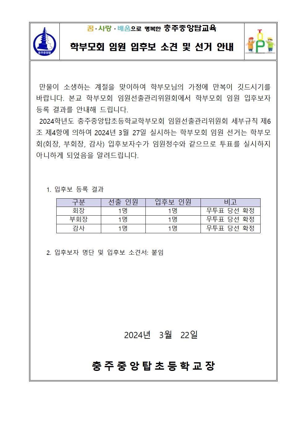 2024. 학부모회 임원 선거 및 입후보자 소견 안내 가정통신문001