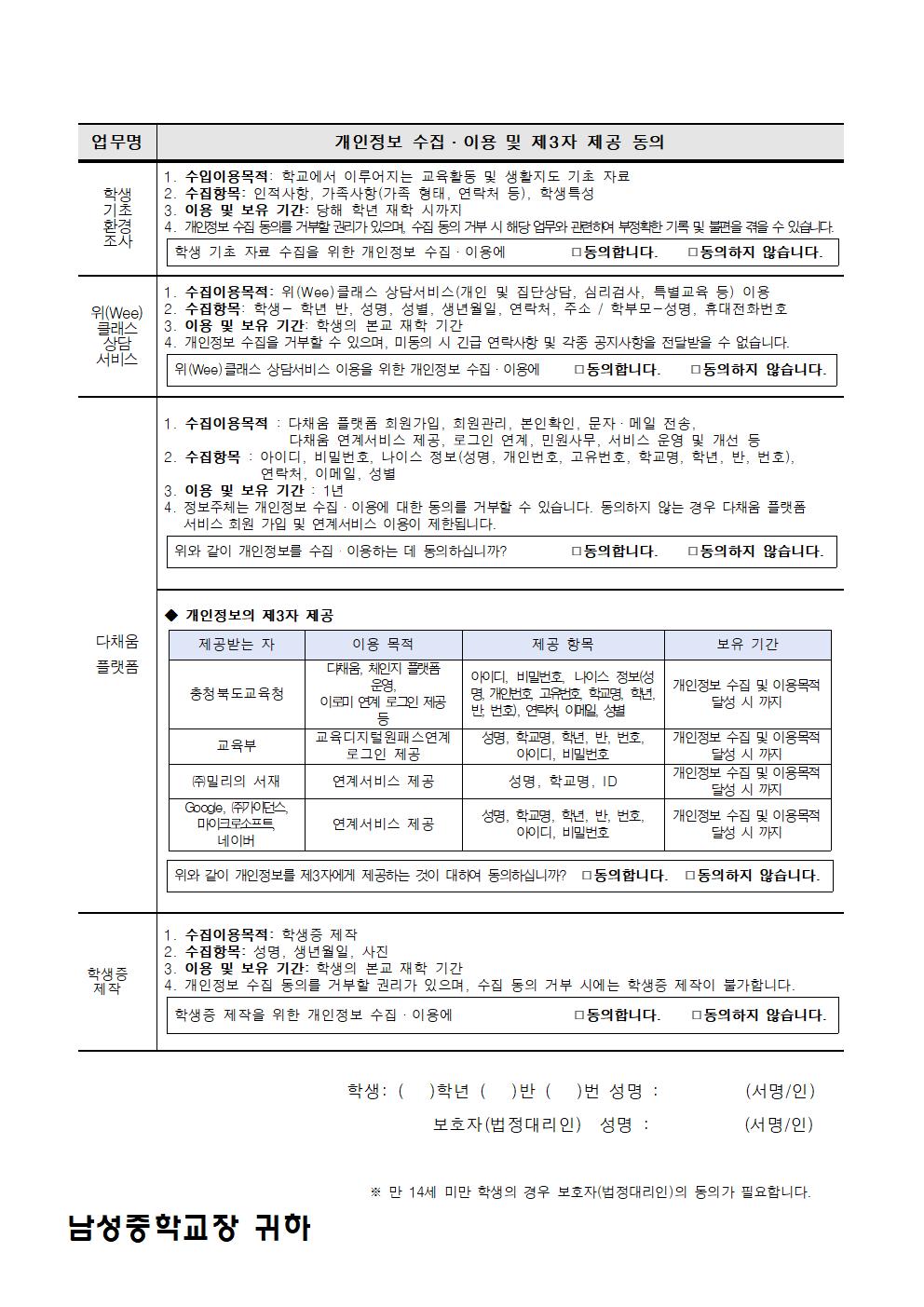 2024. 개인정보 수집ㆍ이용 및 제3자제공 동의서 안내 가정통신문(1)002