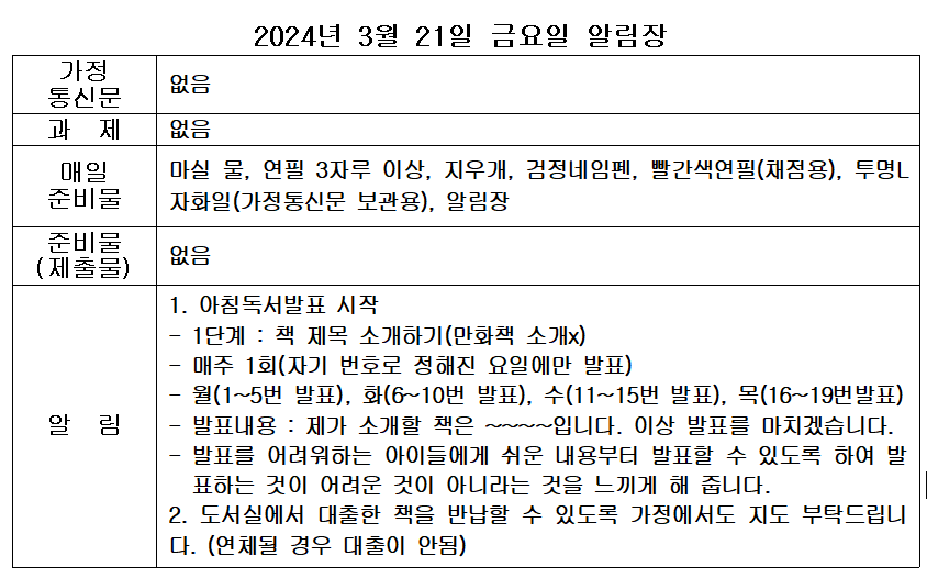 3월 22일 금요일 알림장