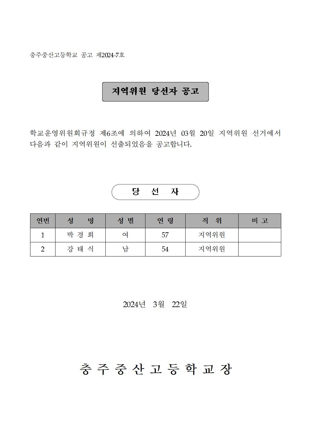 지역위원당선공고문