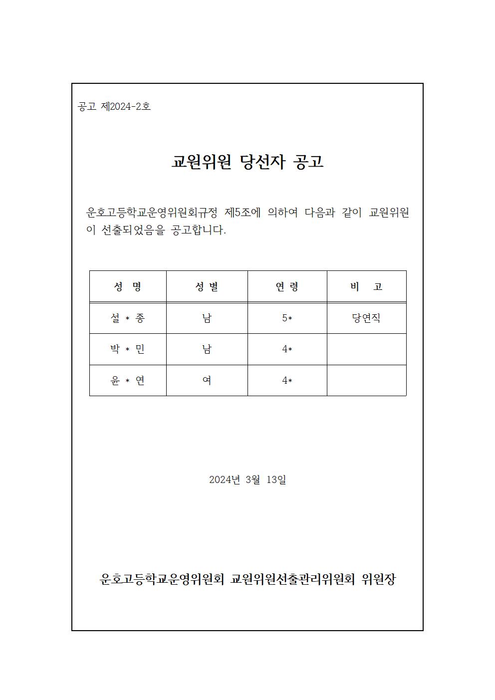 교원위원 당선 공고001