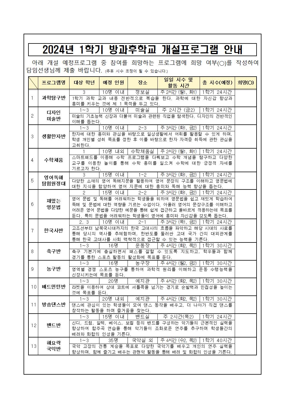 2024. 1학기 방과후학교 교육 활동 프로그램 운영 안내 가정통신문002