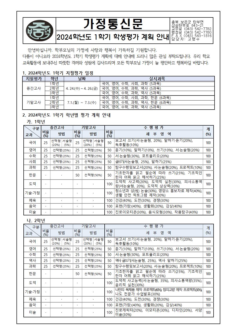 2024. 1학기 학생평가 운영 안내 가정통신문001