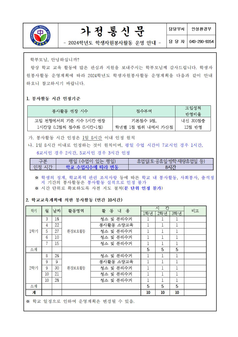 2024. 학생자원봉사활동 운영 안내 가정통신문001