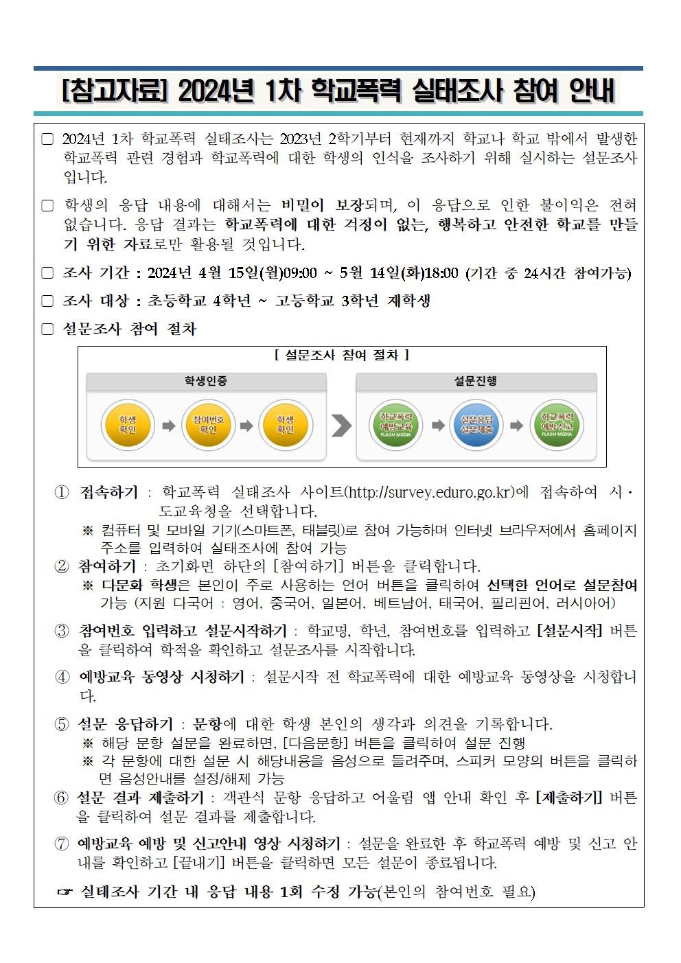 2024. 1차 학교폭력 실태조사 참여안내 가정통신문002