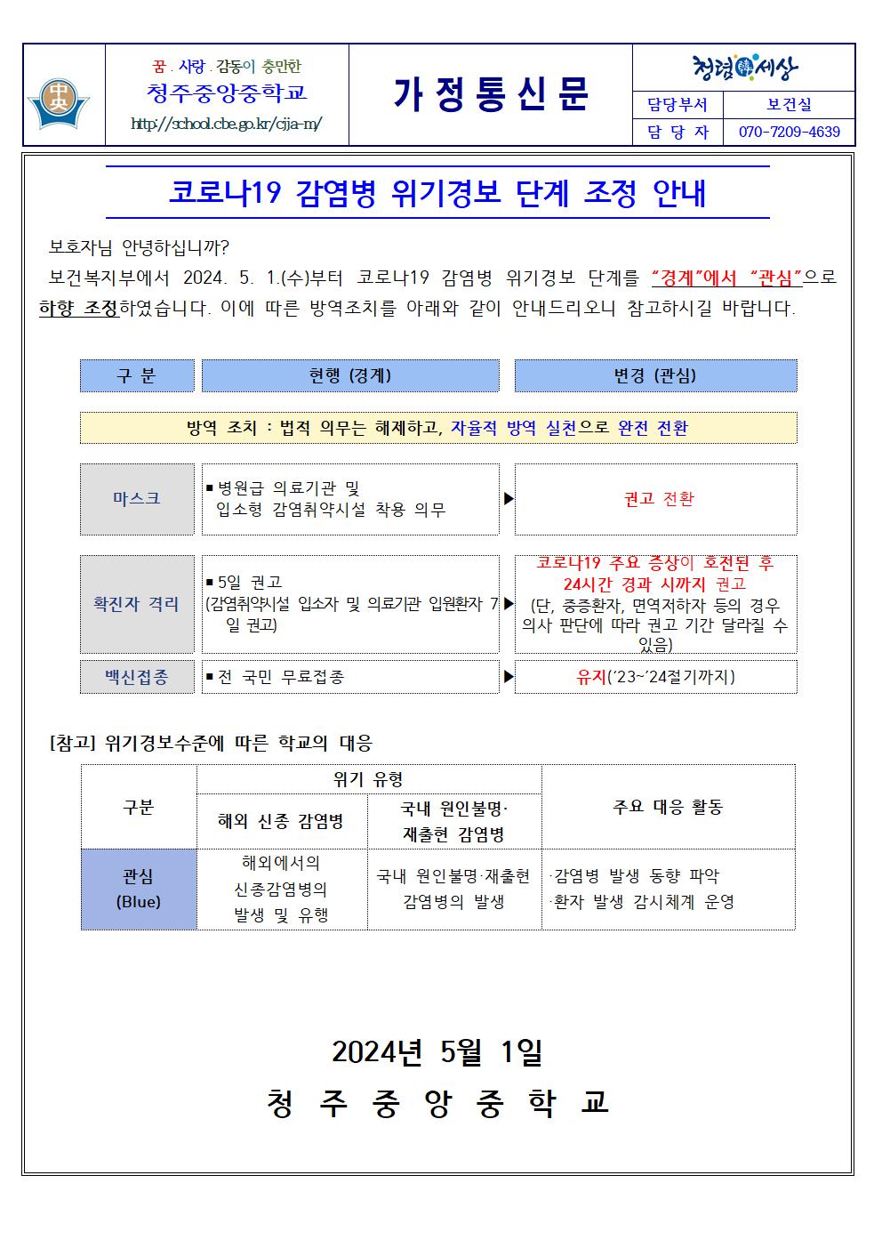 코로나19 감염병 위기경보 단계 조정 안내001