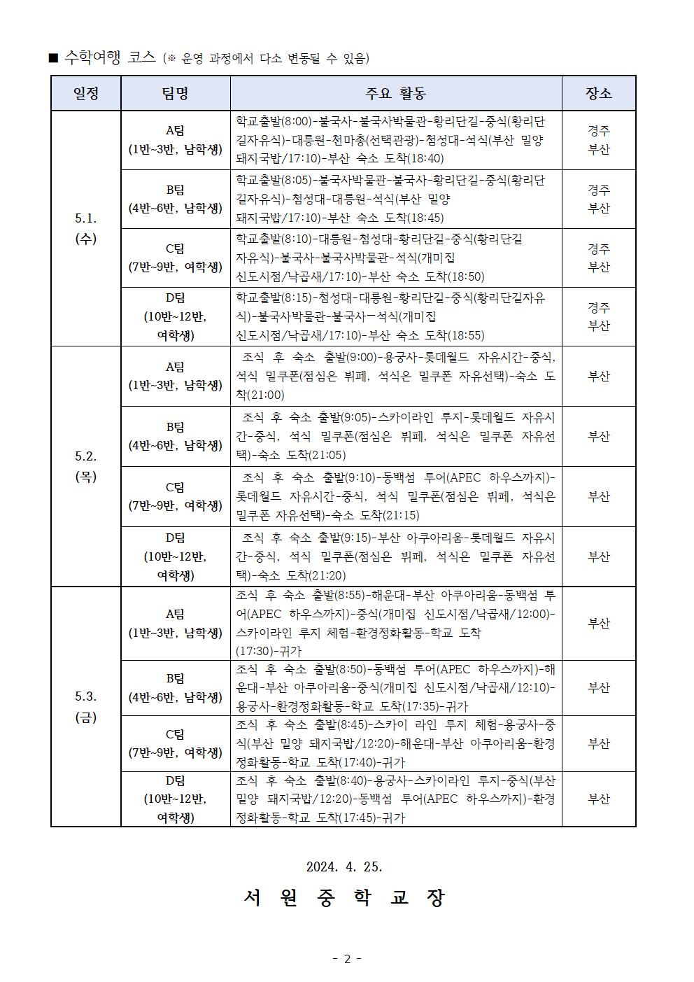 2024학년도 수학여행 안내 가정통신문002