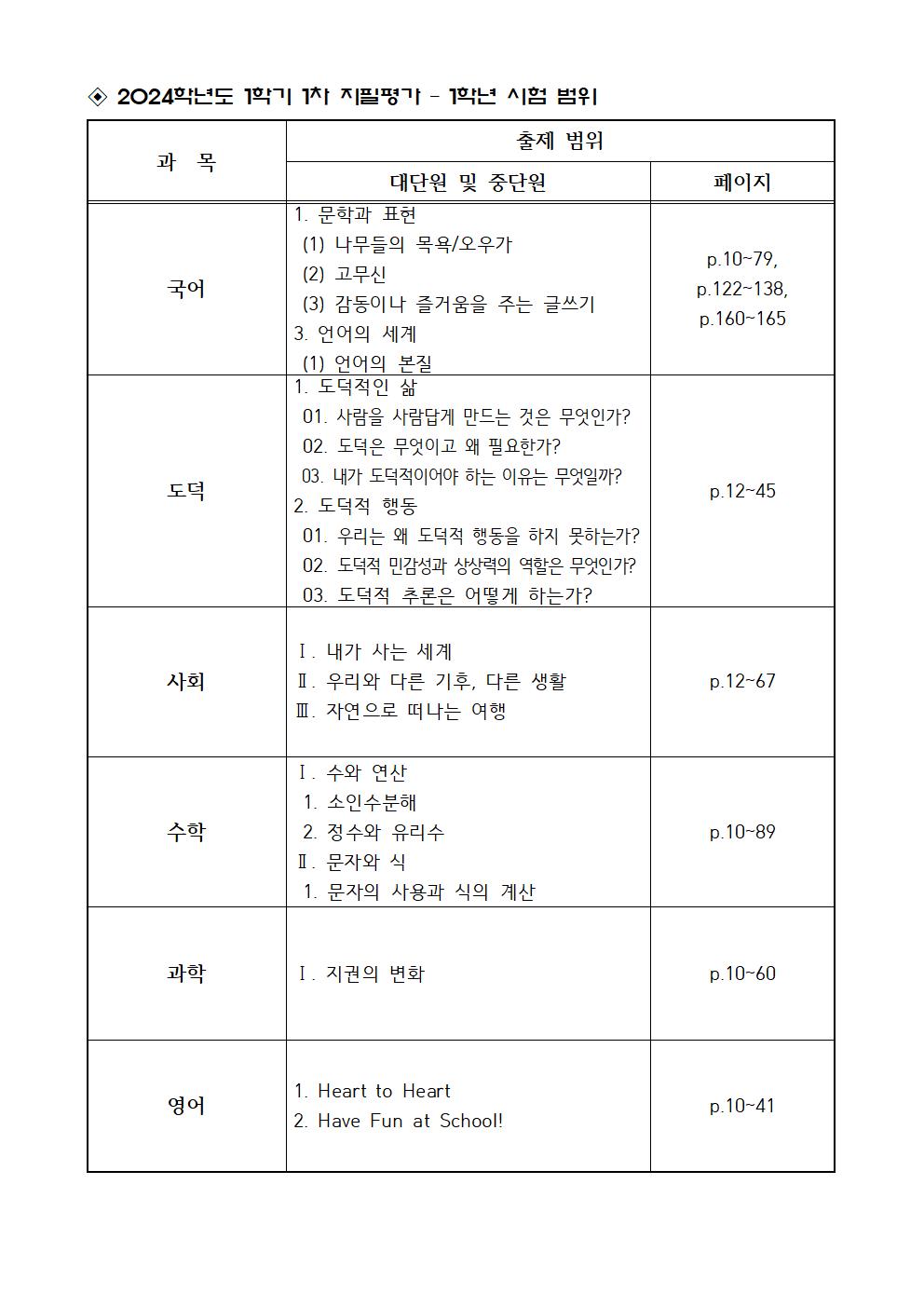 [가정통신문]2024. 1학기 1차 지필평가 실시 계획002