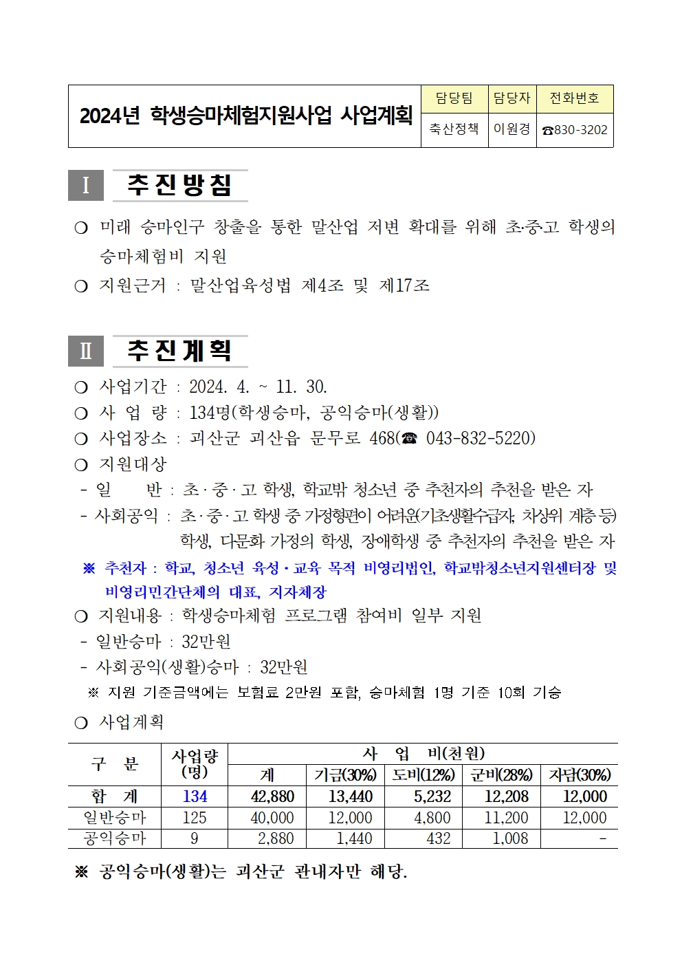 2024년 학생승마체험지원사업 사업계획서001