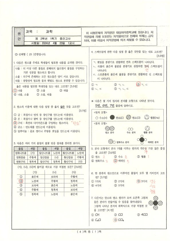 2024. 2학년 1학기 과학 중간고사 정답_1