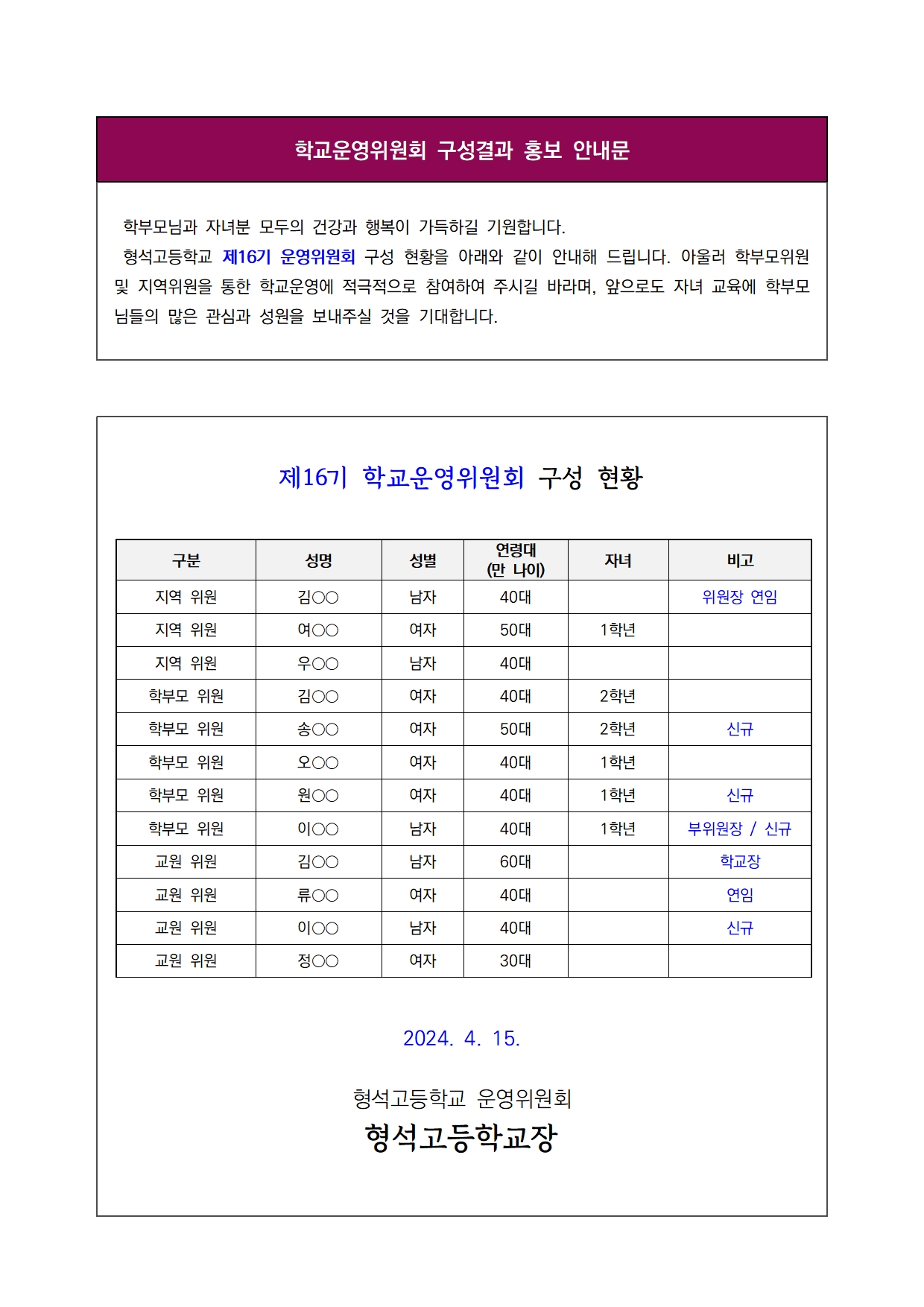 [형석고] 학교운영위원회 구성결과 홍보 안내문001