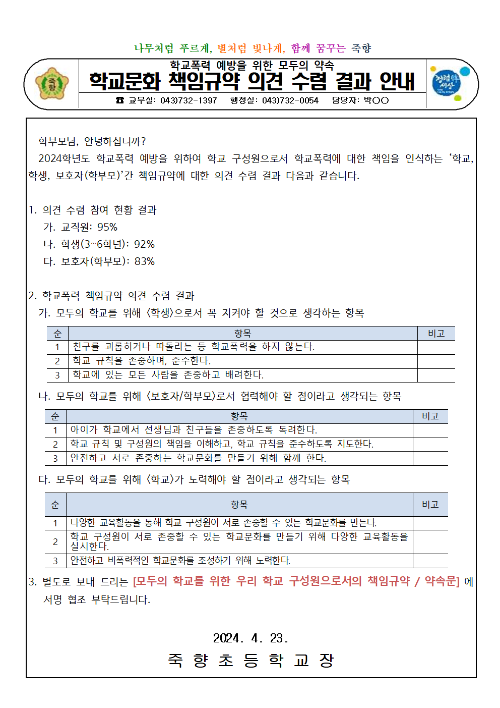 2024학년도 모두의 학교를 위한 학교문화 책임규약 의견 수렴 결과 안내001