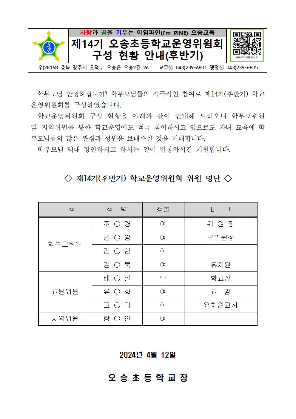 제14기 학교운영위원 구성 현황 안내(가정통신문)