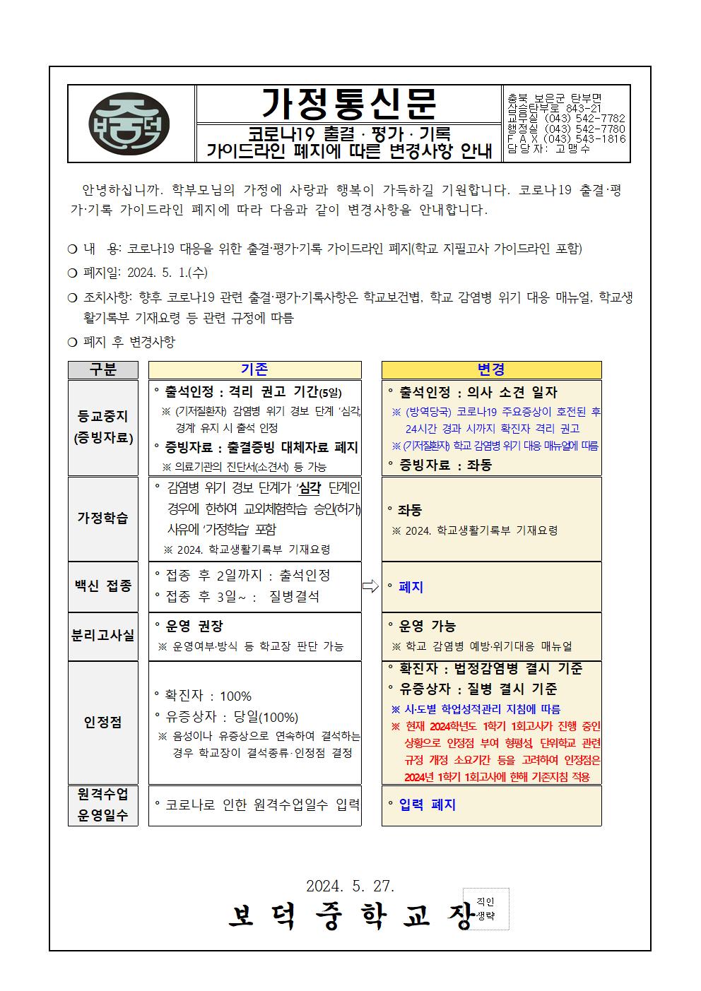 코로나19 출결,평가,기록 가이드라인 폐지에 따른 변경사항 안내 가정통신문001