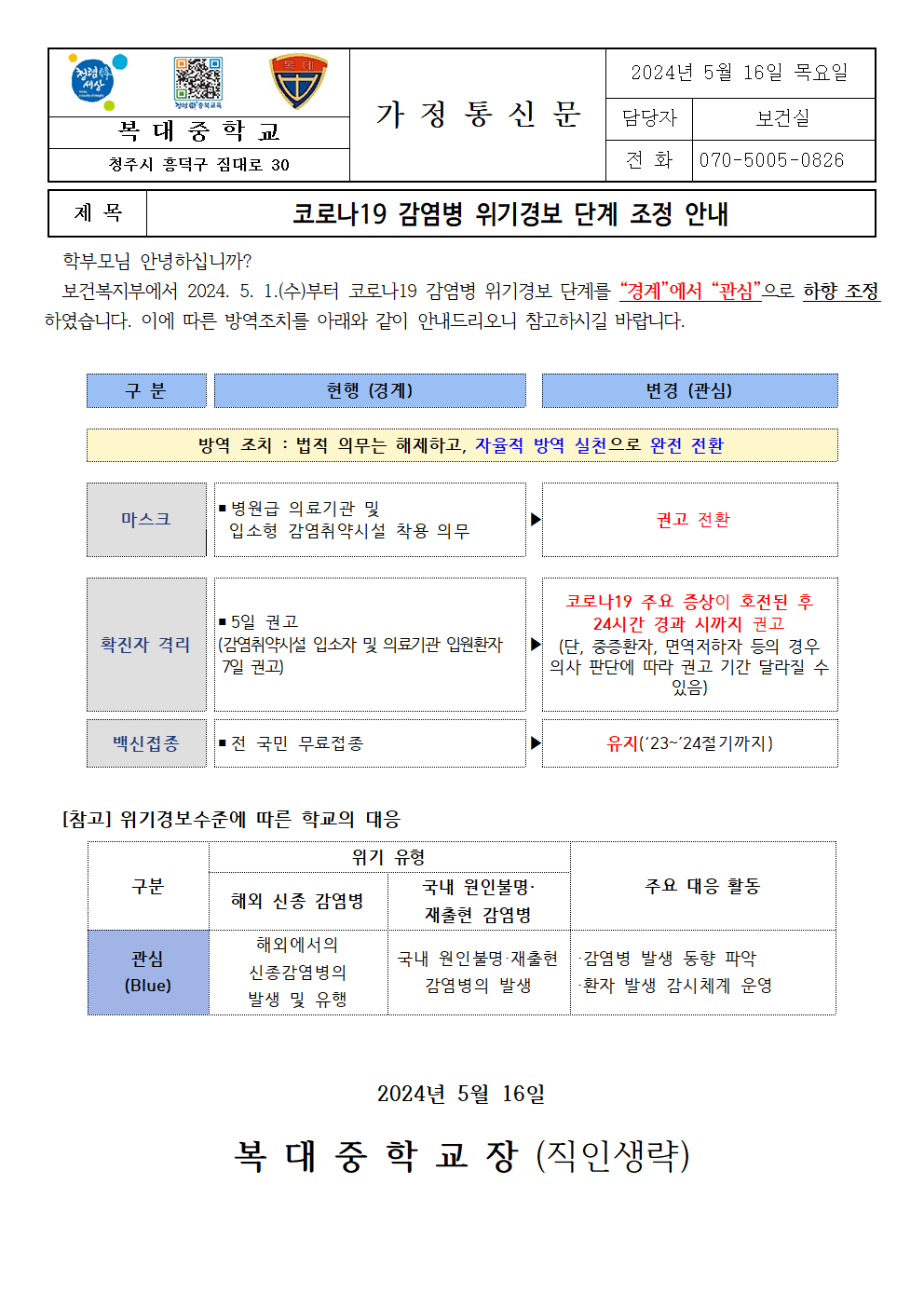 코로나19 감염병 위기경보 단계 조정 안내001