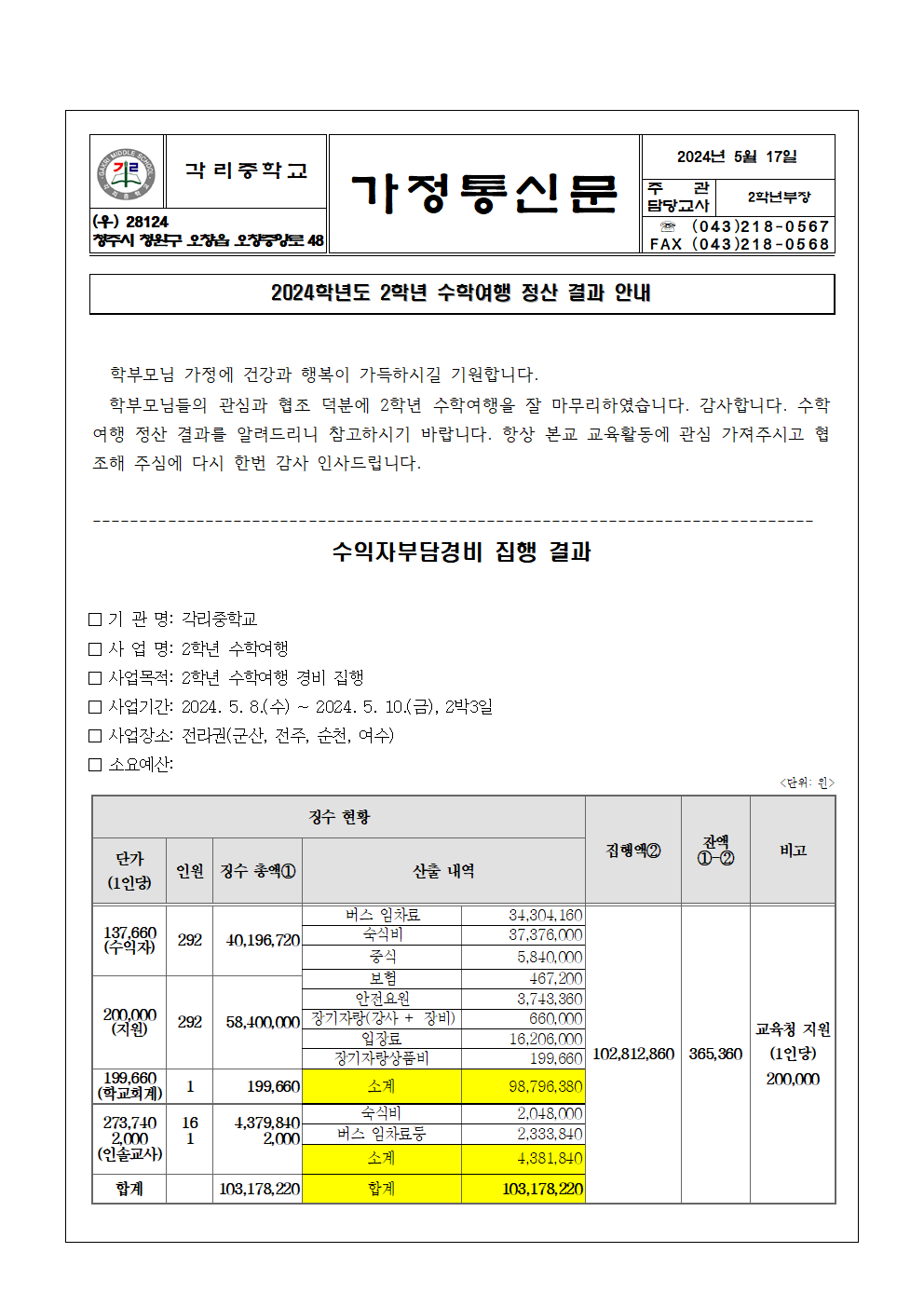 2024학년도 2학년 수학여행 정산 결과 안내 가정통신문001