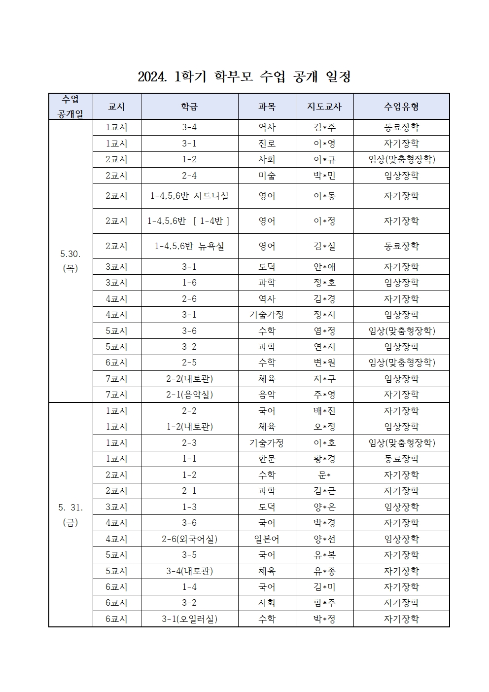 2024. 1학기 수업공개기간 학부모 수업 공개 안내002