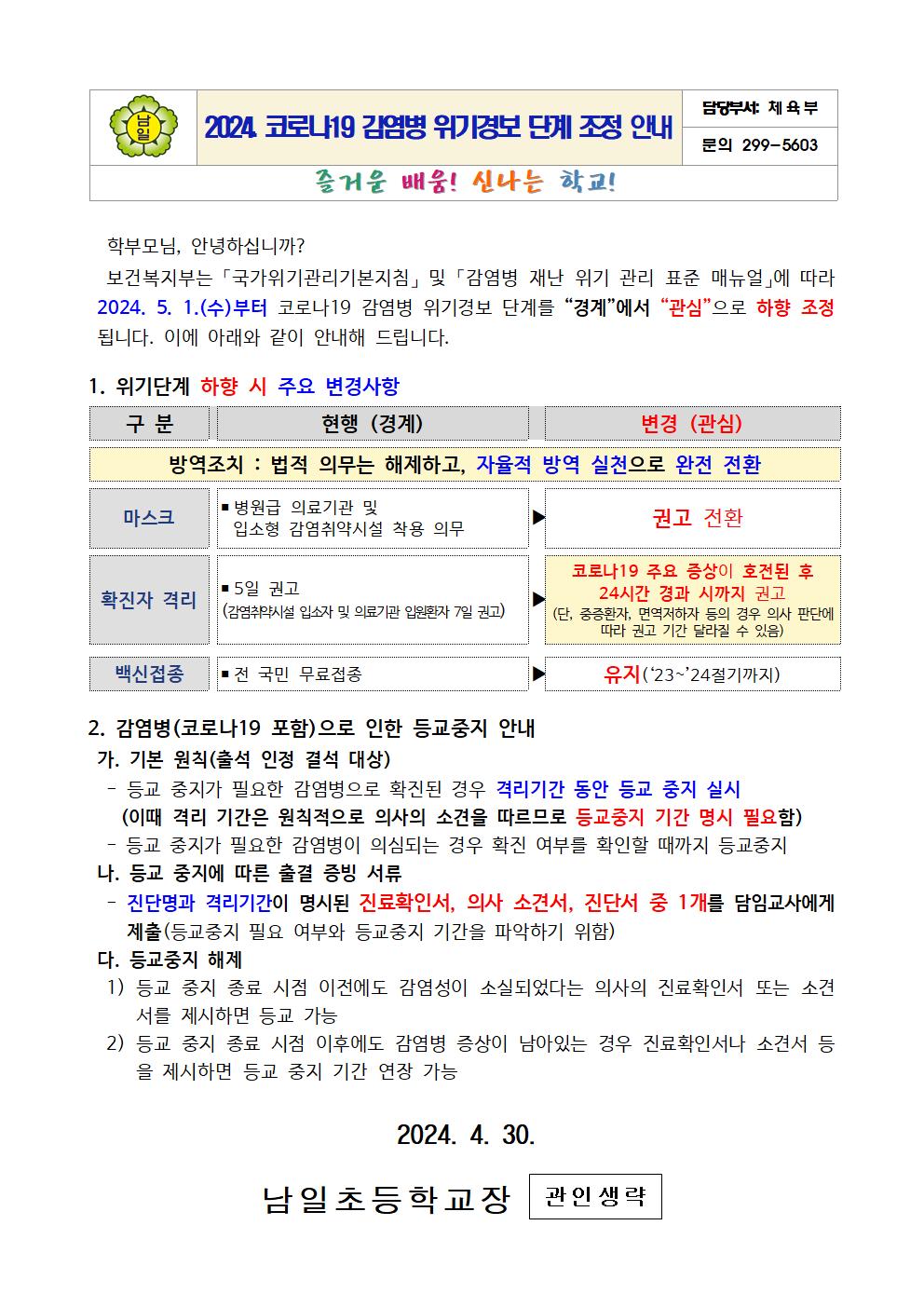 2024. 코로나19 감염병 위기경보 단계 조정 안내문001