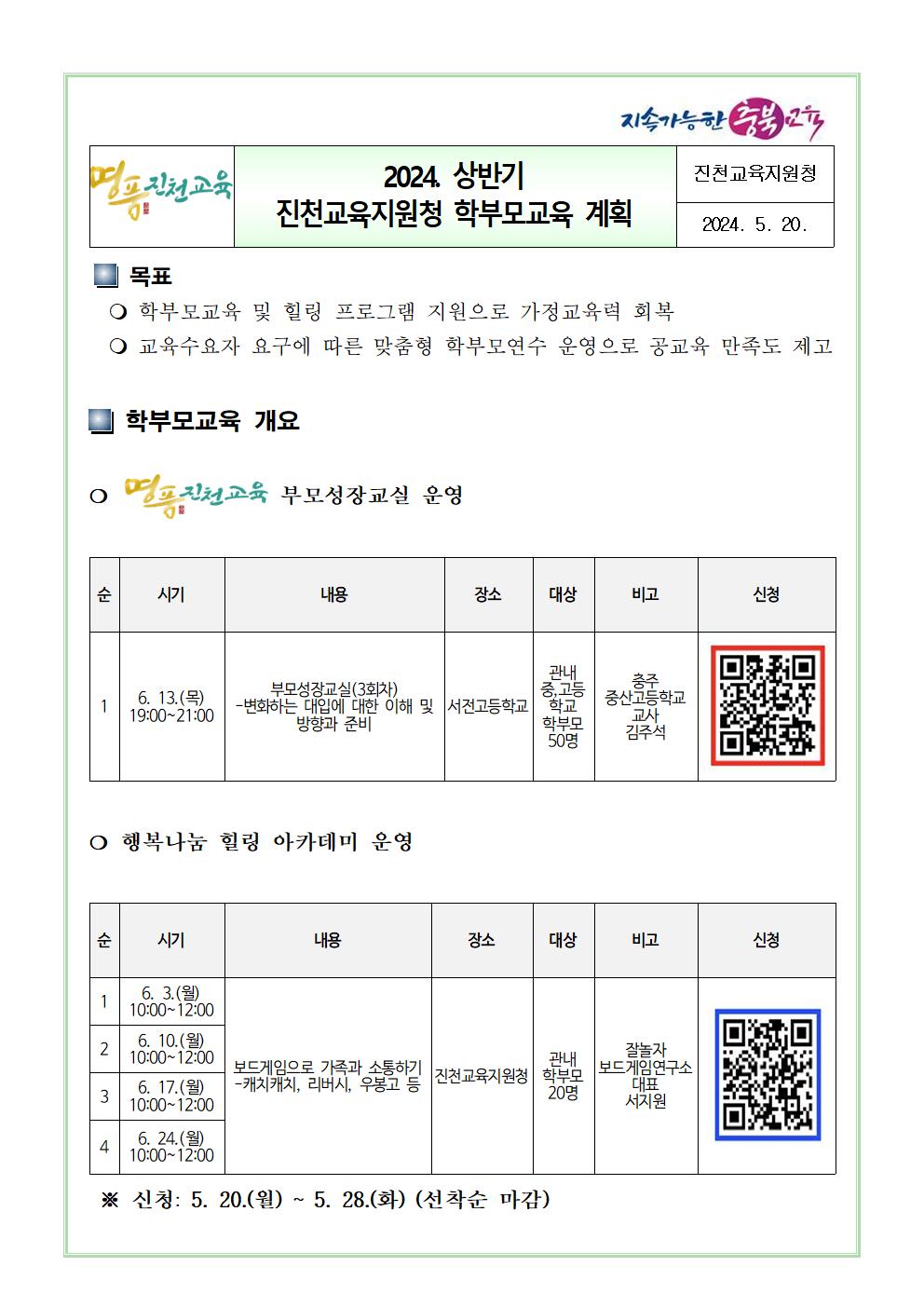 충청북도진천교육지원청 학교지원센터_2024. 상반기 진천교육지원청 학부모교육 계획001