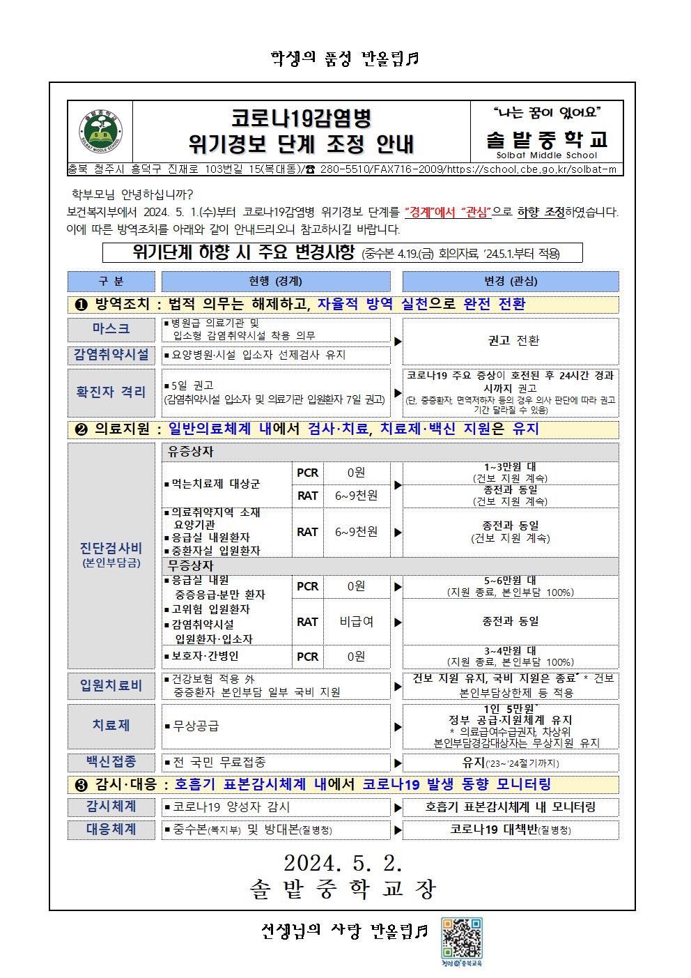 코로나19감염병 위기경보 단계 조정 안내001