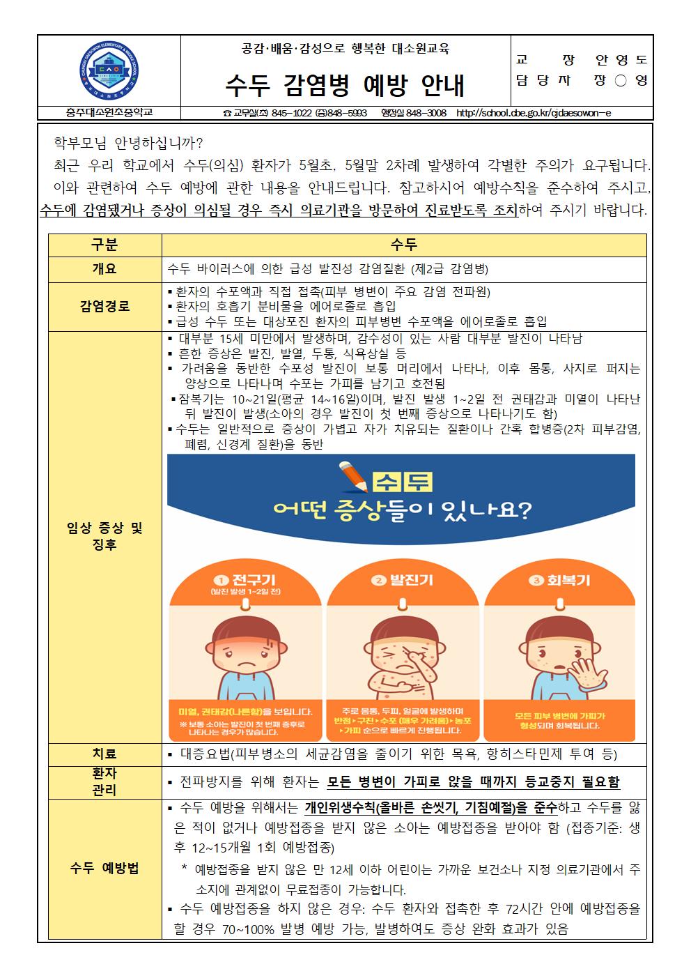 수두 감염병 예방 안내 가정통신문001