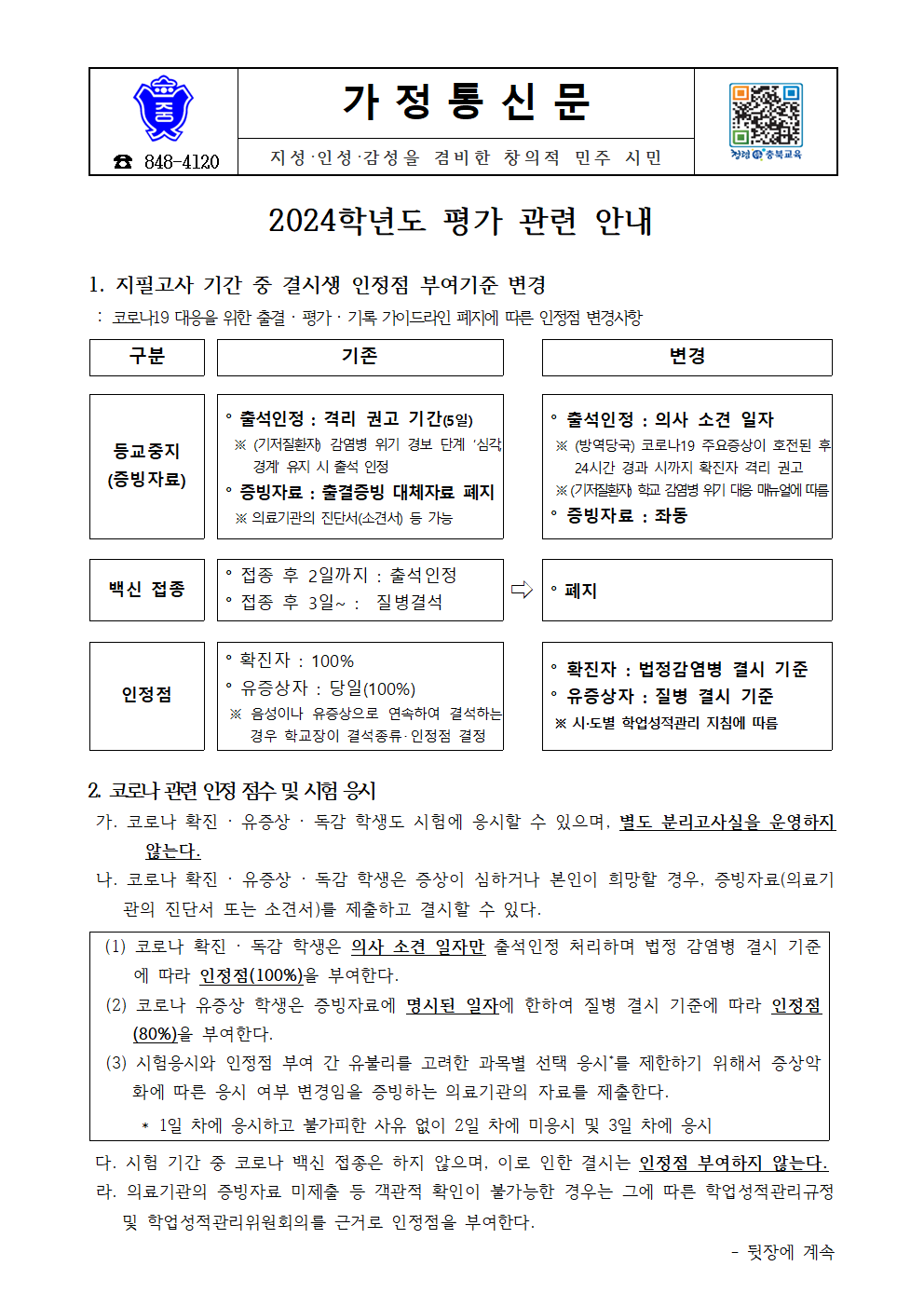 2024. 1학기 평가 관련 가정통신문001