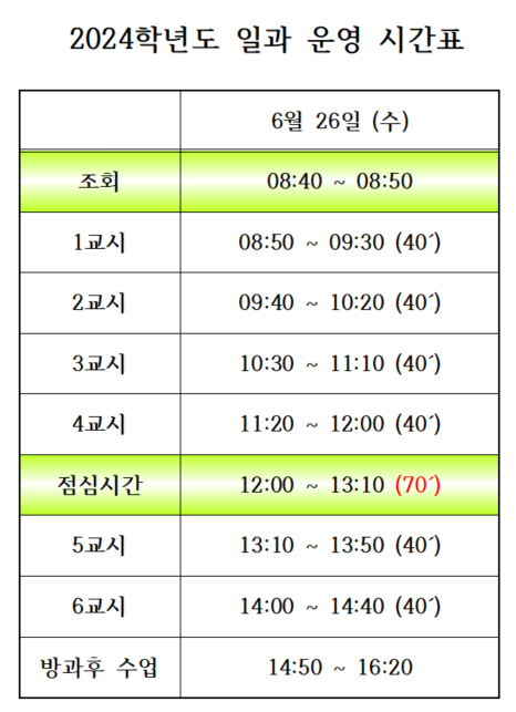 2024학년도 일과 운영 시간표 (6월 26일 교원연수)