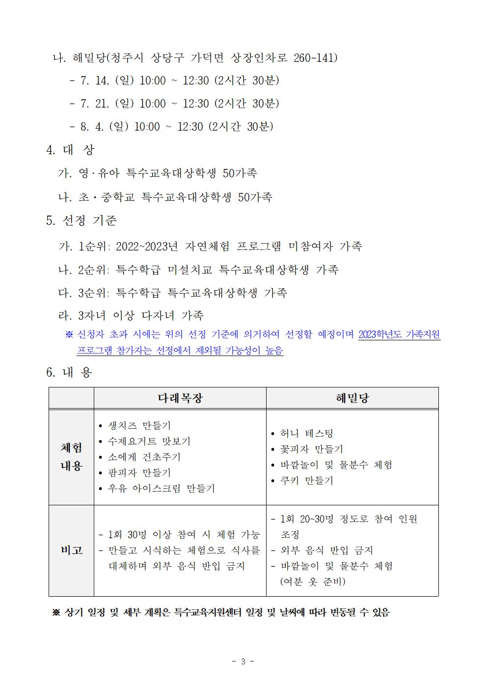 2024년 『한 가족 행복 둘 기쁨 셋』 특수교육대상학생 자연체험 프로그램 계획003