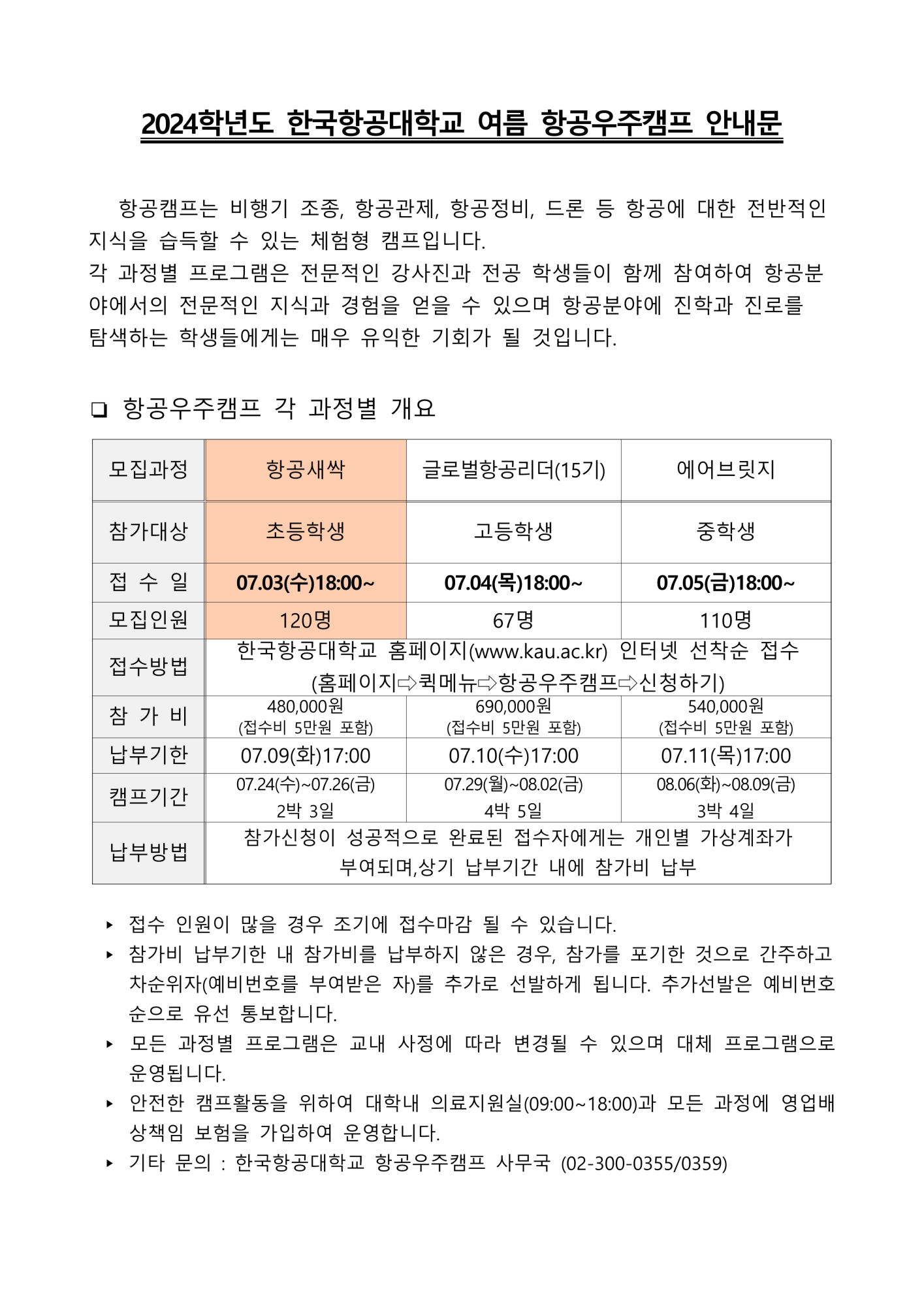 한국항공대학교 교육지원팀_attach_2024학년도 여름항공우주캠프_항공새싹(초등부) 과정_안내문_1