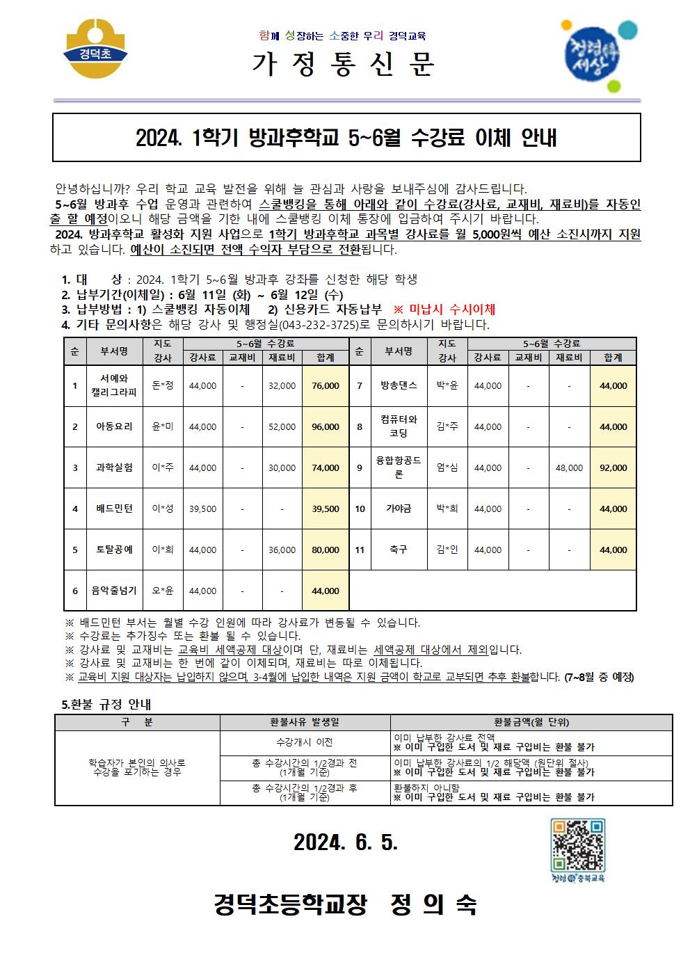 2024. 1학기 방과후학교 5~6월 수강료 이체 안내 가정통신문001