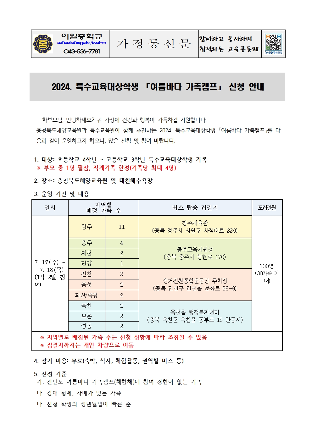 2024. 특수교육대상학생 여름바다 가족캠프 참가 안내 가정통신문(1)001