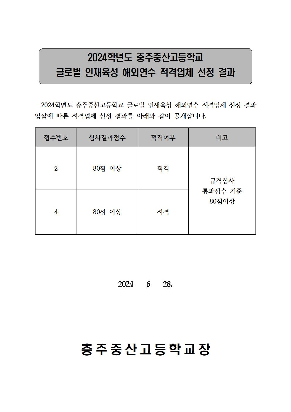 2024학년도 충주중산고등학교 글로벌 인재육성 해외연수 위탁용역 적격업체 선정 결과