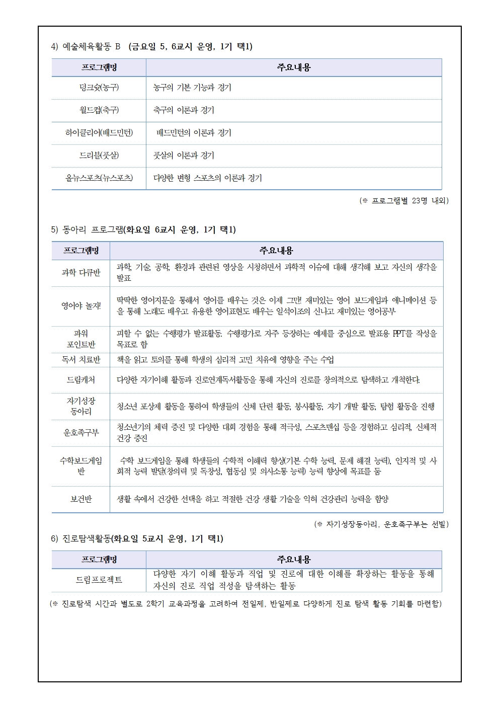 2024학년도 자유학기 운영 계획 및 수강신청 안내 가정통신문003