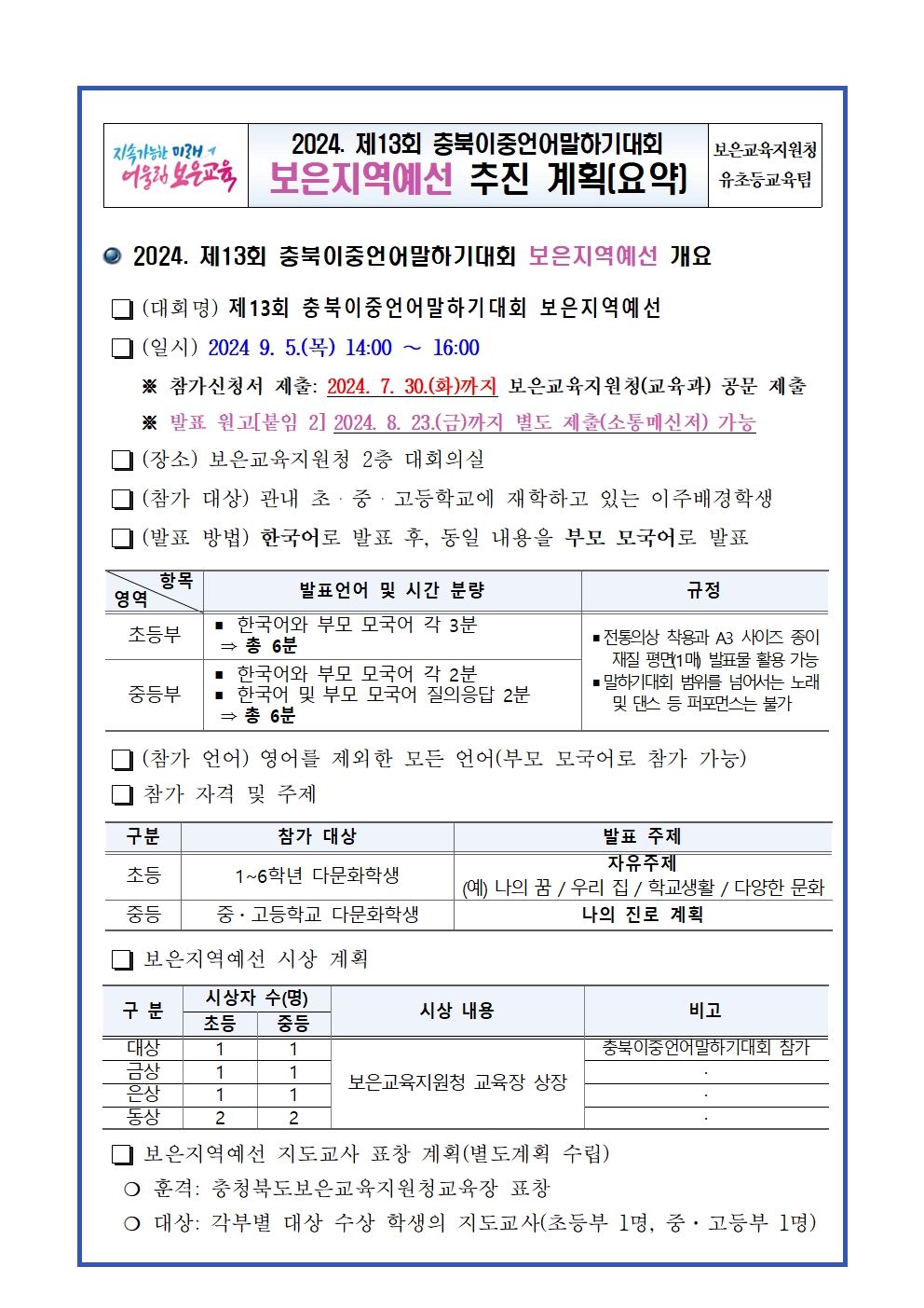 2024. 제13회 충북이중언어말하기대회 보은지역예선 추진 계획(요약)001