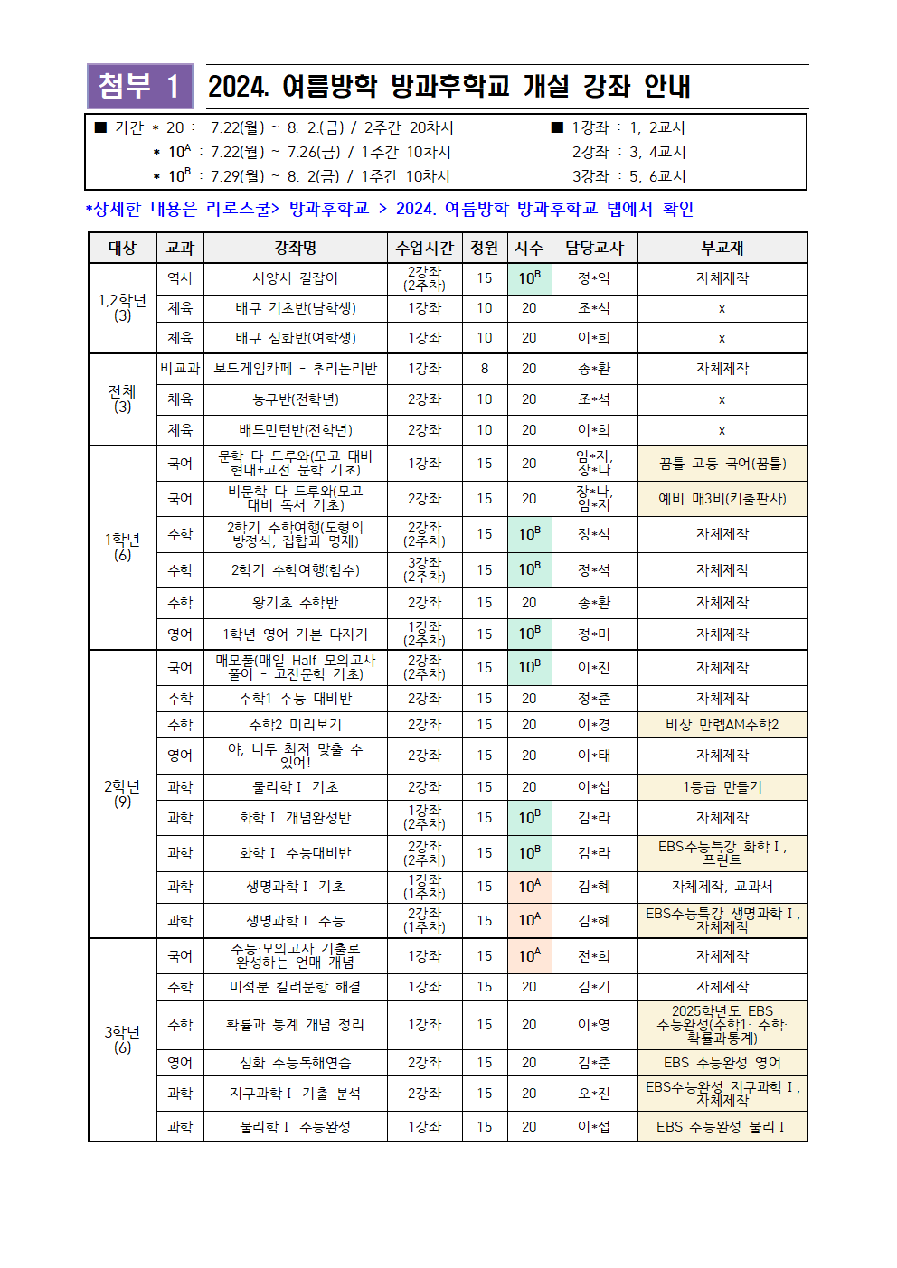 2024. 여름방학 방과후학교 수강 신청 및 개설 강좌 안내 가정통신문002(7.8)