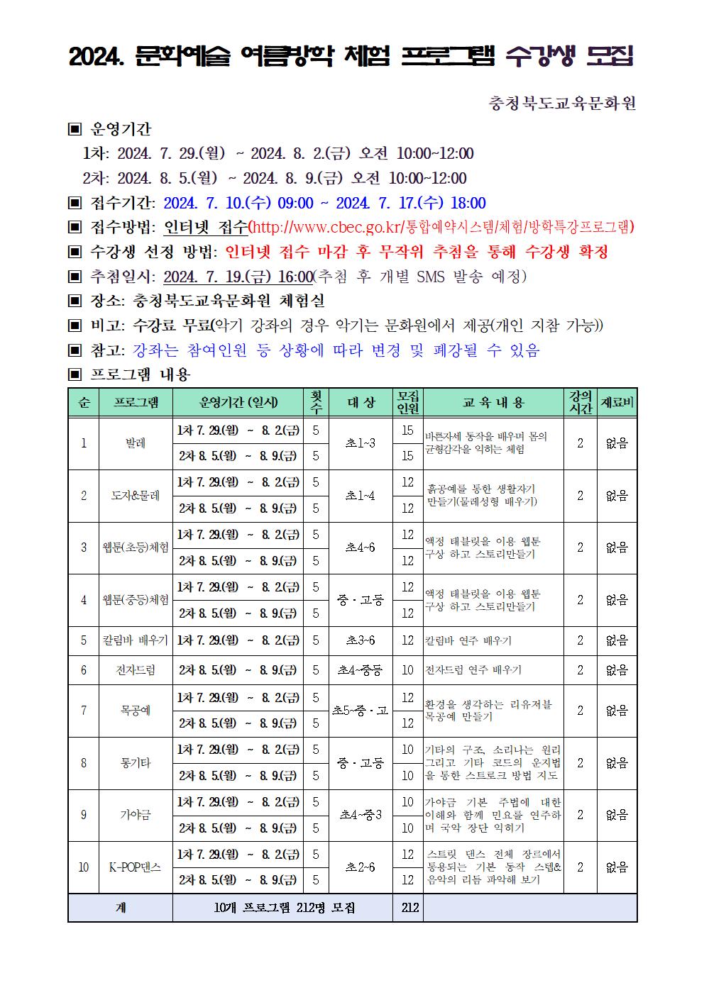 2024년 문화예술 여름방학 체험 프로그램 모집 안내문001