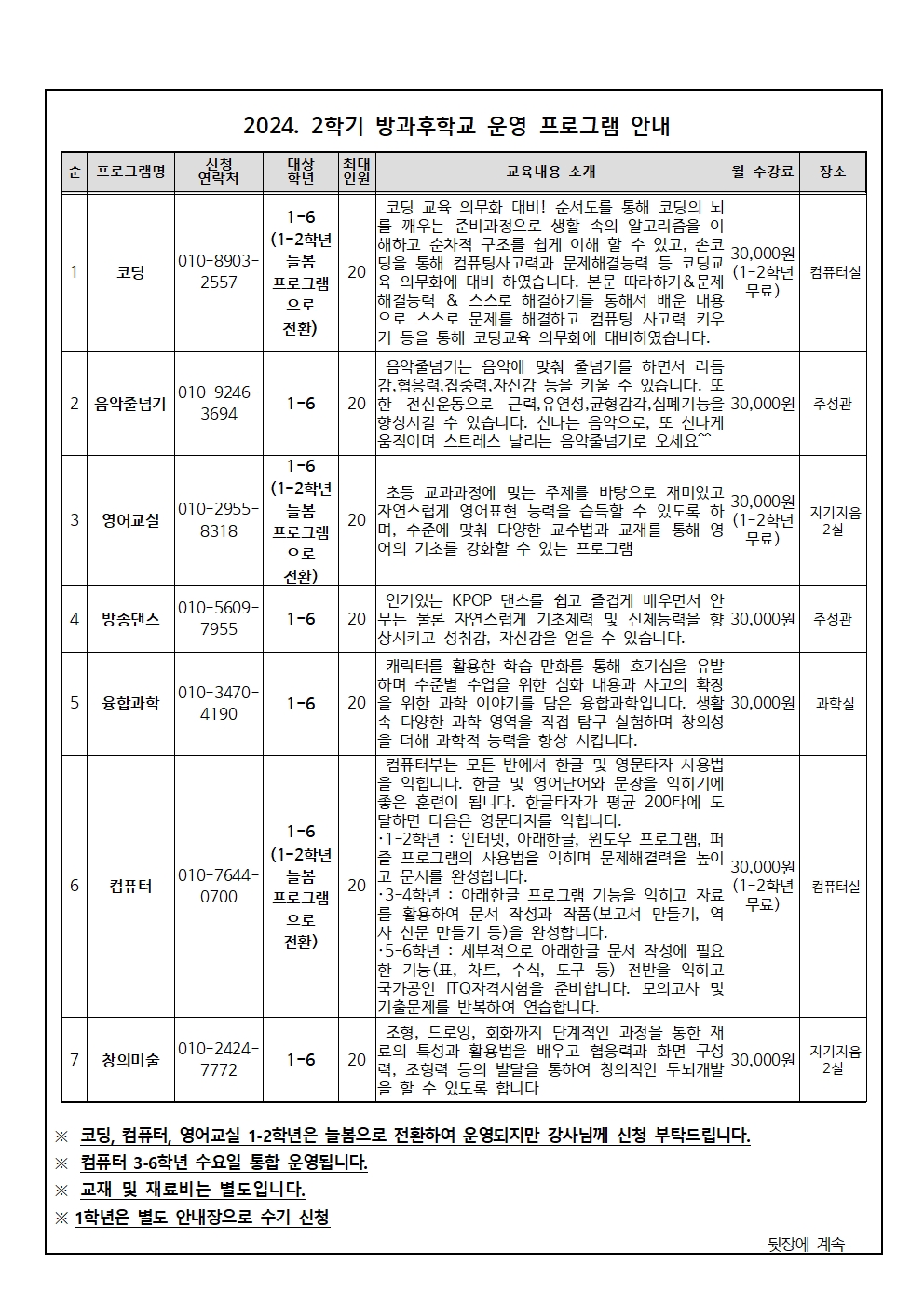 2024. 2학기 방과후학교 프로그램 신청 안내문(2-6학년)002