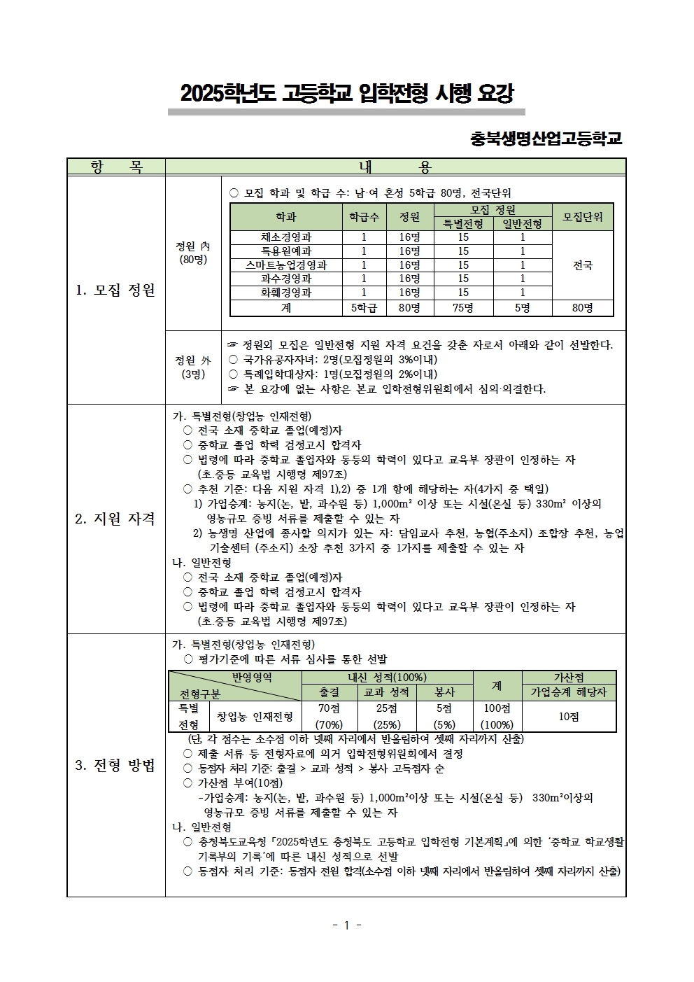 2025학년도 충북생명산업고등학교 입학전형 시행 요강(승인)001