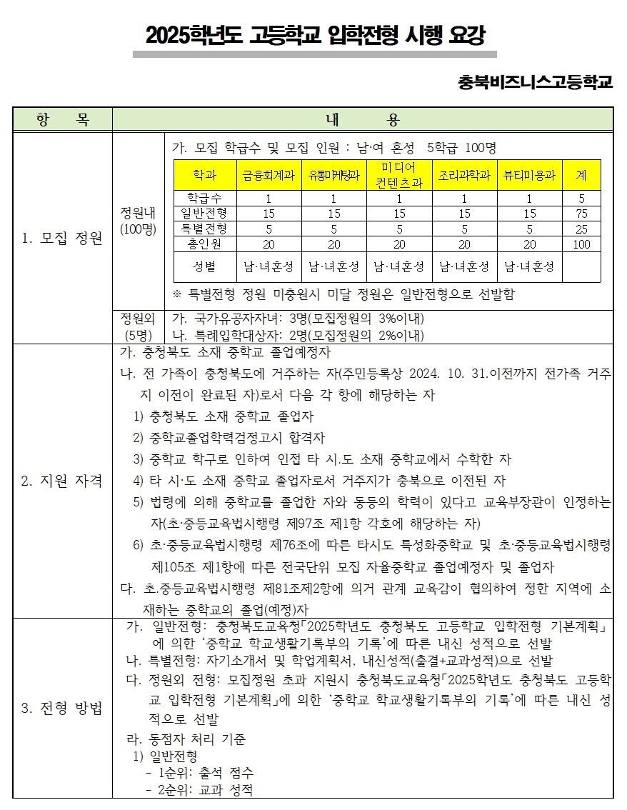 2025학년도 충북비즈니스고등학교 입학전형 시행 요강001