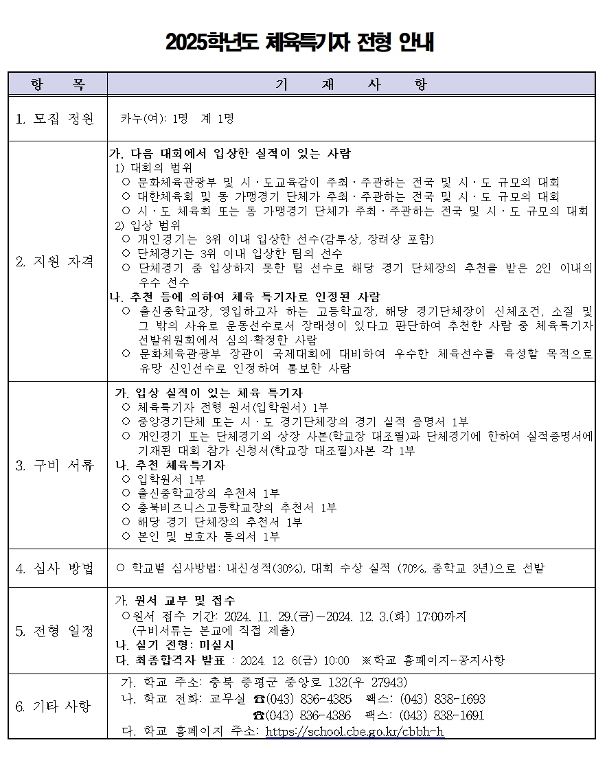 2025학년도 충북비즈니스고등학교 입학전형 시행 요강003