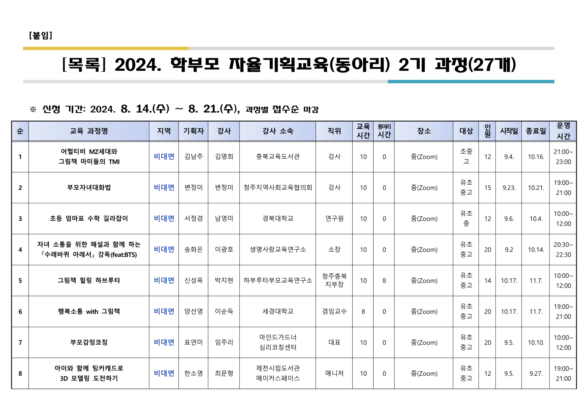 사본 -[가정통신문] 2024. 학부모 자율기획교육(동아리) 2기 과정(27개) 신청 안내_2