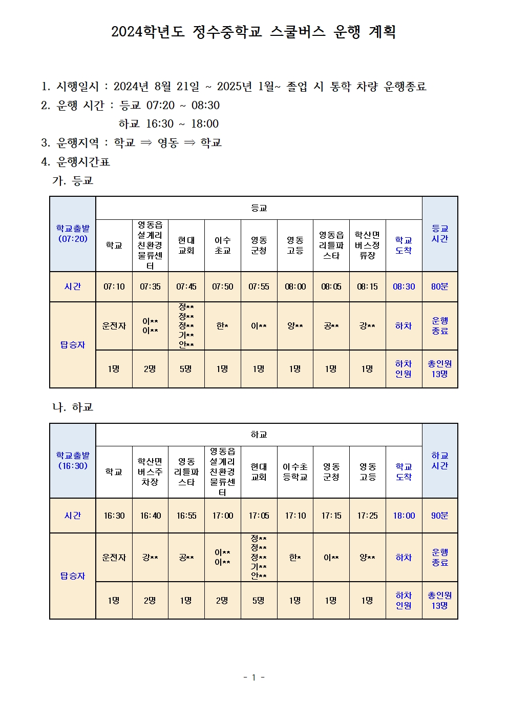 2024학년도 정수중 스쿨버스 운행 계획(2)001