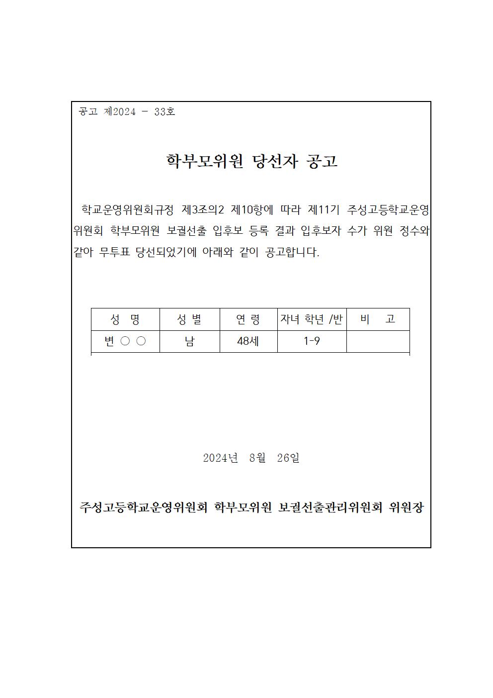 학부모위원 당선자 공고문